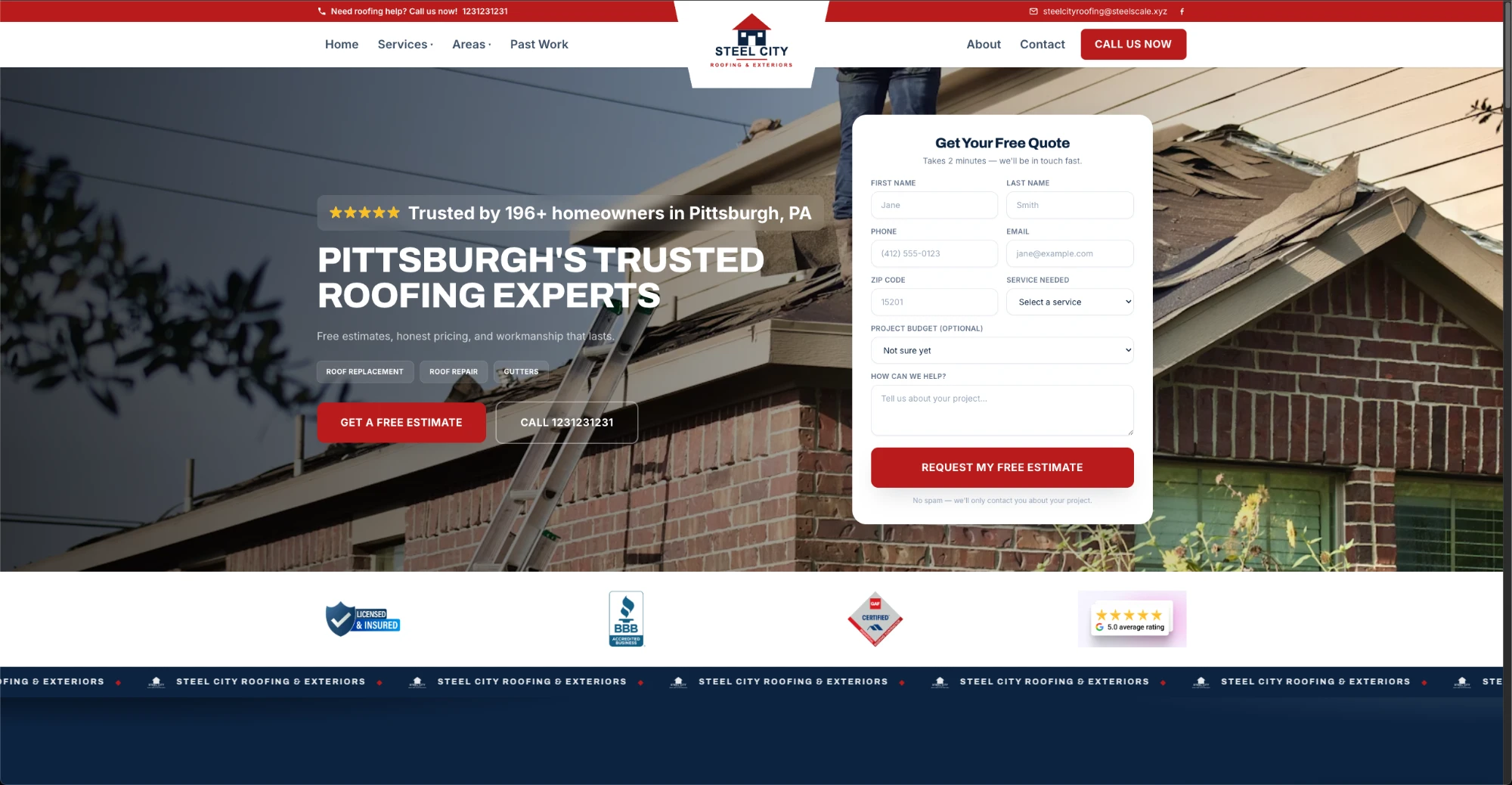 Steel City Roofing website built by Steel Scale